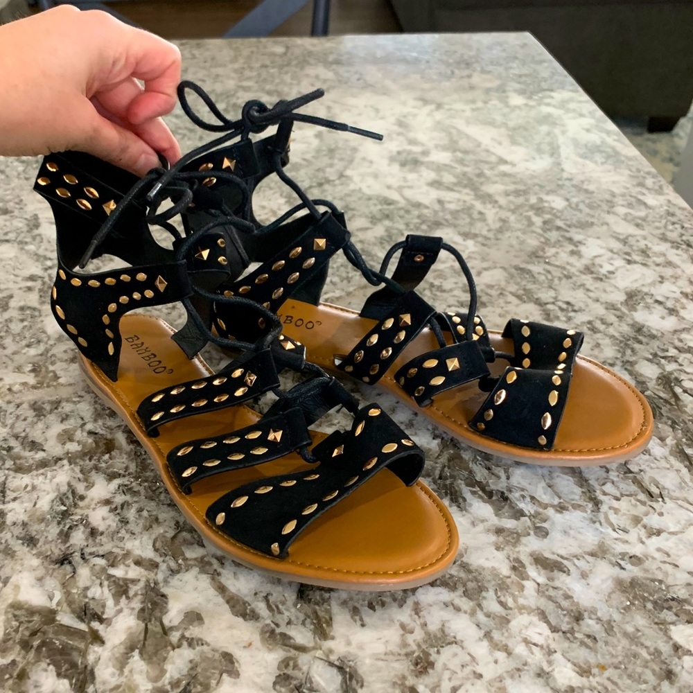 Bamboo Gold Studded Lace-Up Gladiator Sandals